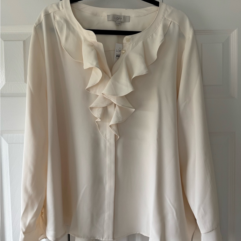 LOFT Cream Ruffle-Front Long Sleeve Blouse